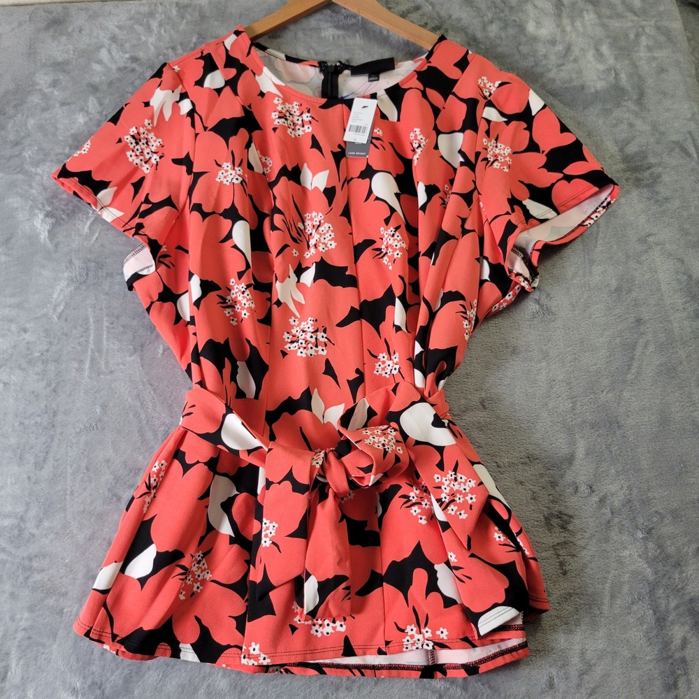 Lane Bryant Coral Floral Belted Top 24 Cottagecore Bright Tropical Peplum